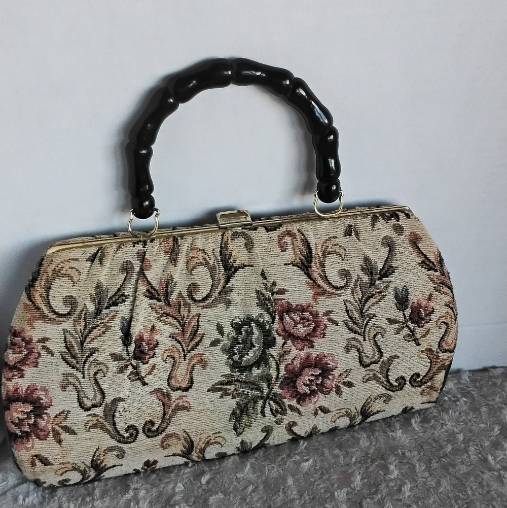 Vintage Floral Tapestry Clutch Handbag with Black Handle - Picture 4 of 6